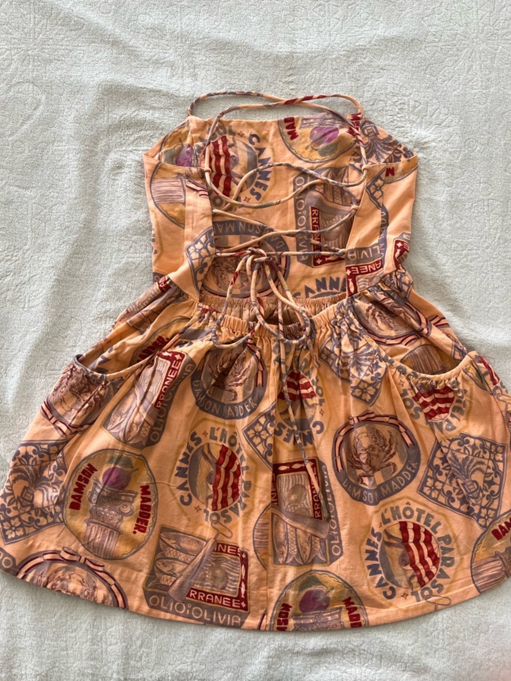 Damson Madder Women's Peaches Mini Apron Dress in Papaya Holiday Print US10 UK14 - Picture 5 of 8
